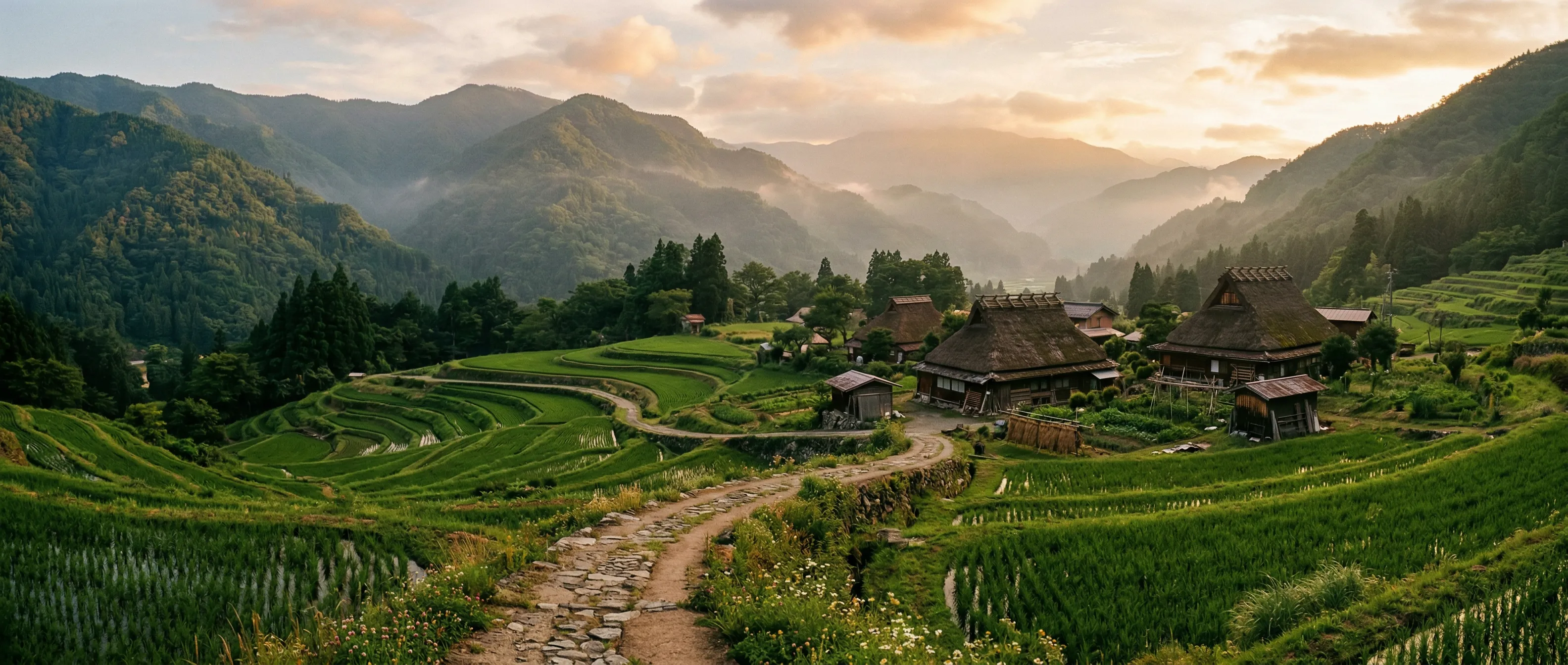 Serene Japanese countryside — rice terraces and traditional farmhouses at golden hour