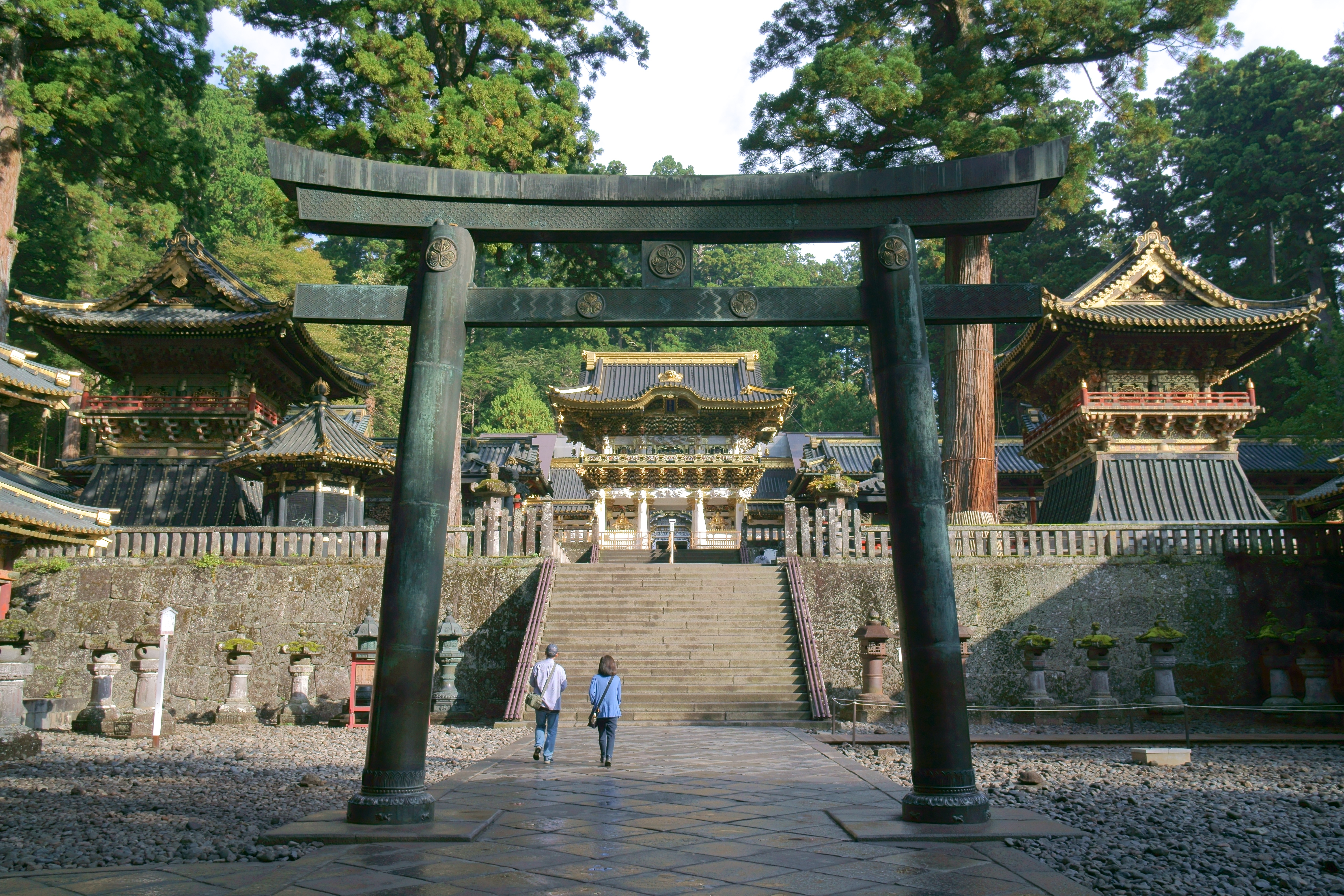The gate of Nikko Tosho-gu at the top of its cedar-lined approach