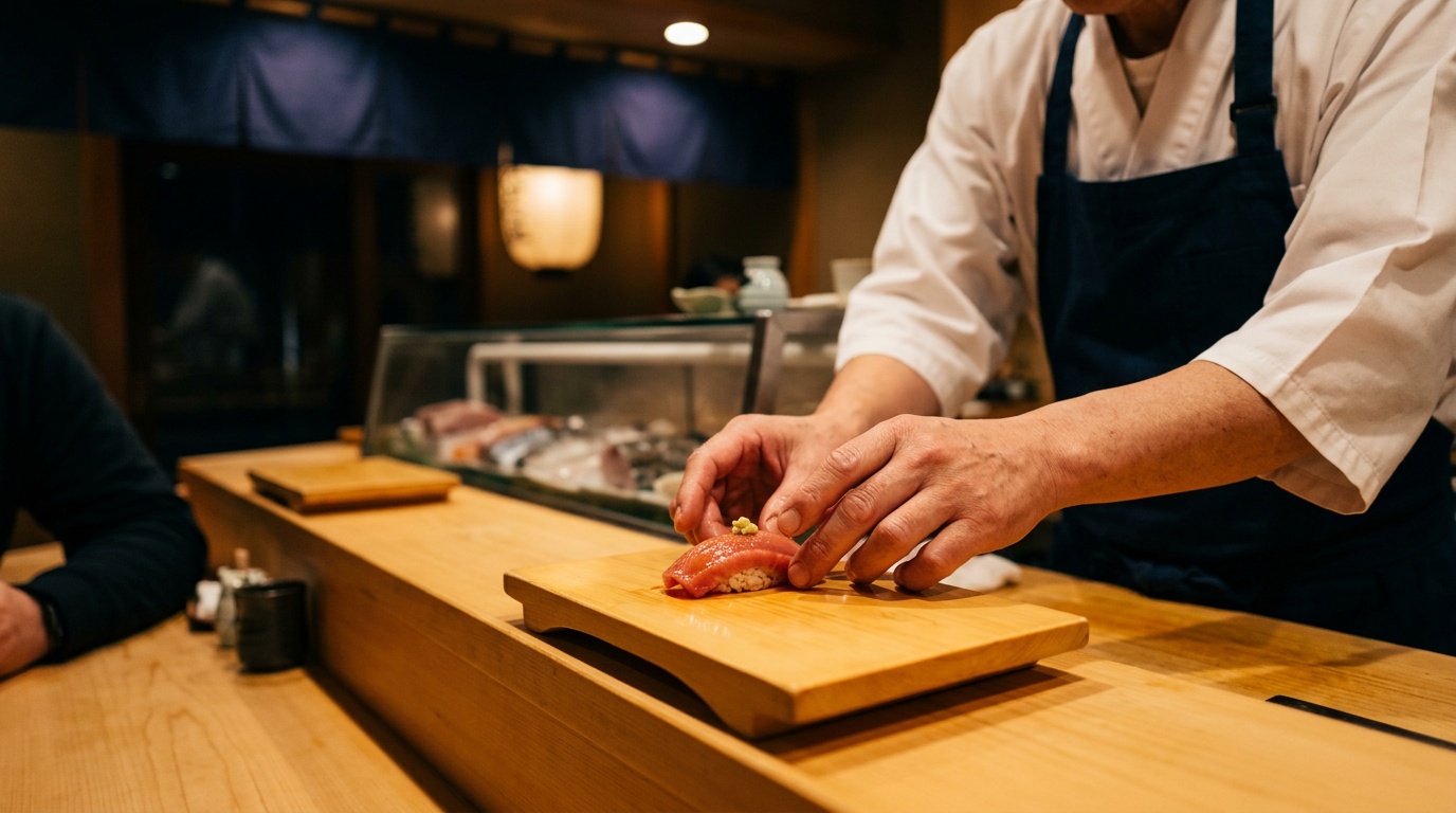 Tokyo sushi omakase — chef plating nigiri at a counter, single piece on a wooden board