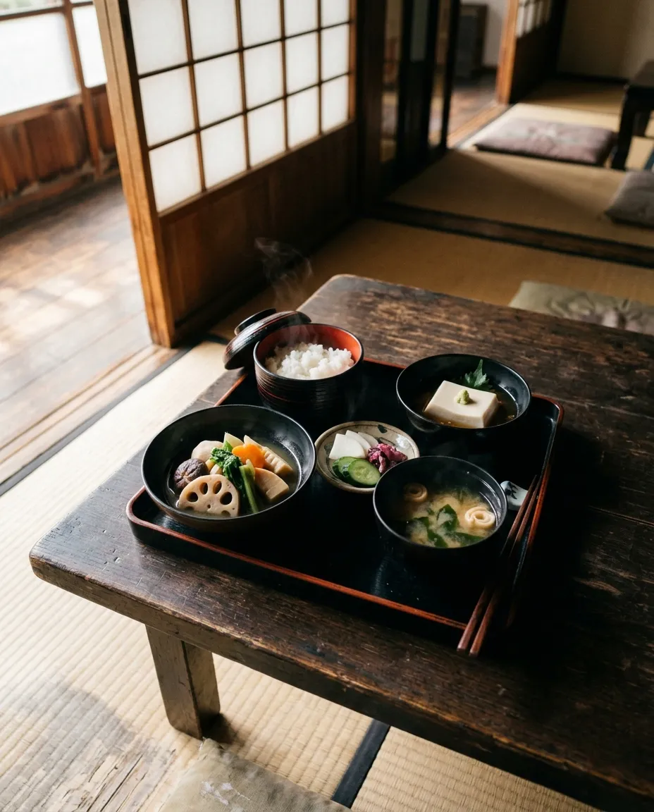 Lacquered bowls of shojin ryori vegetarian temple cuisine