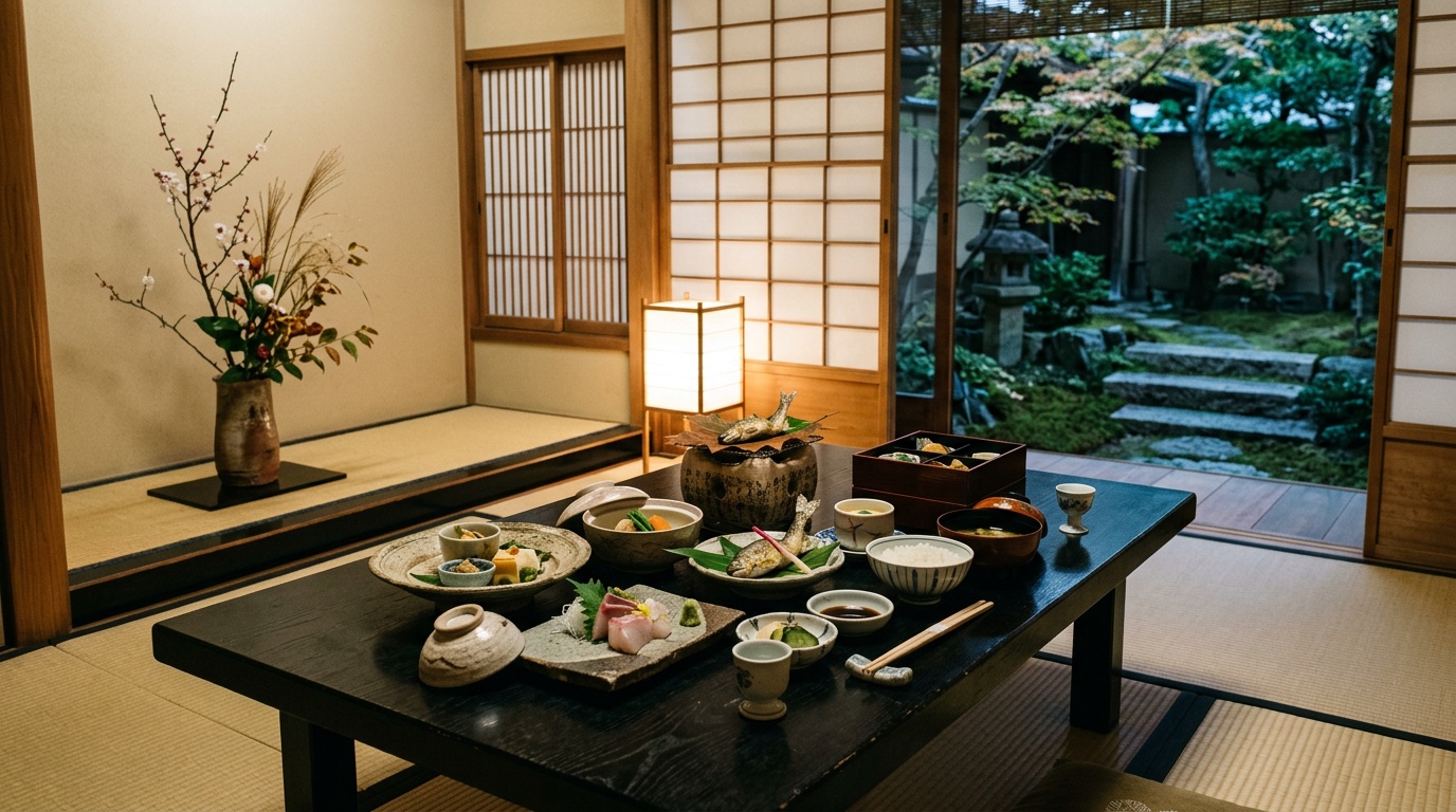 Kyoto Michelin restaurants — kaiseki tatami room with seasonal courses, garden view
