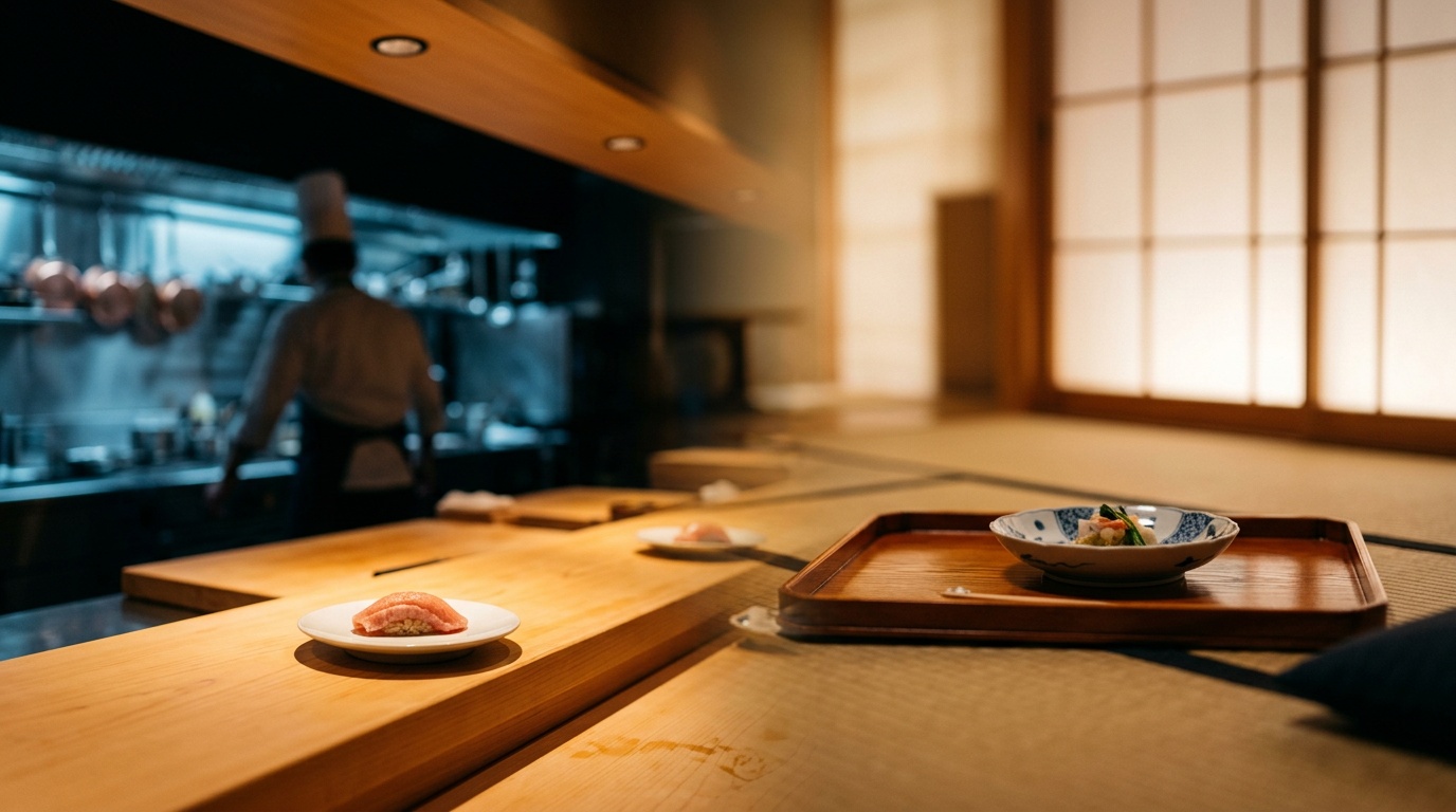 Tokyo Michelin restaurants — sushi counter, kaiseki tatami, French open kitchen, yakitori grill