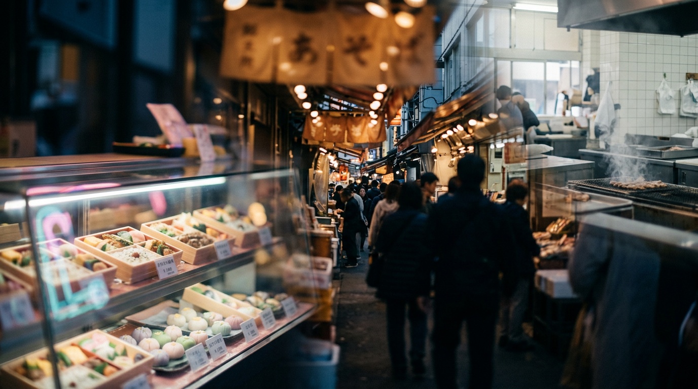 Tokyo street food — Tsukiji morning market, Ameyoko alley at dusk, depachika basement