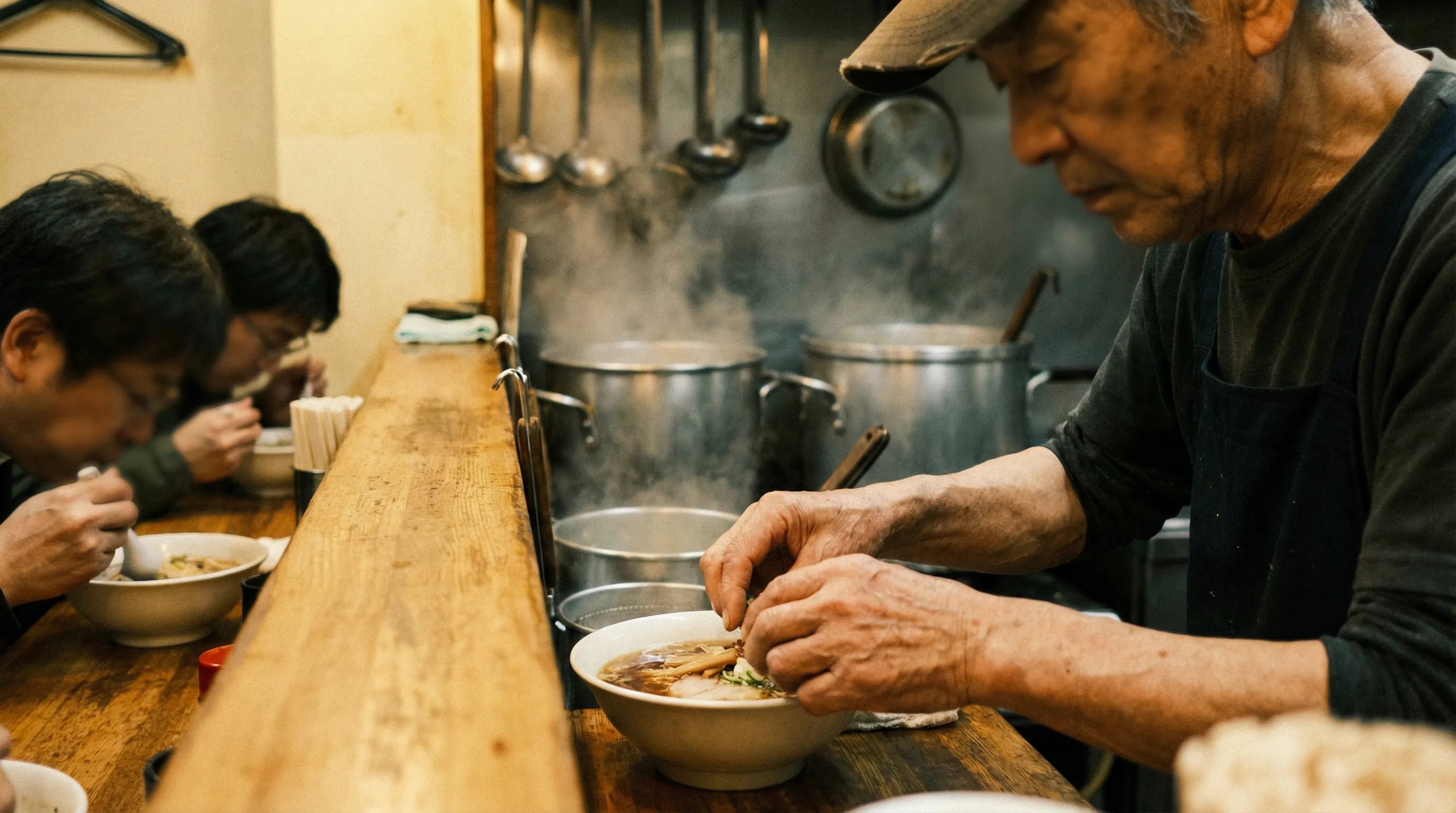 Elderly ramen master preparing shoyu broth at tiny six-seat counter