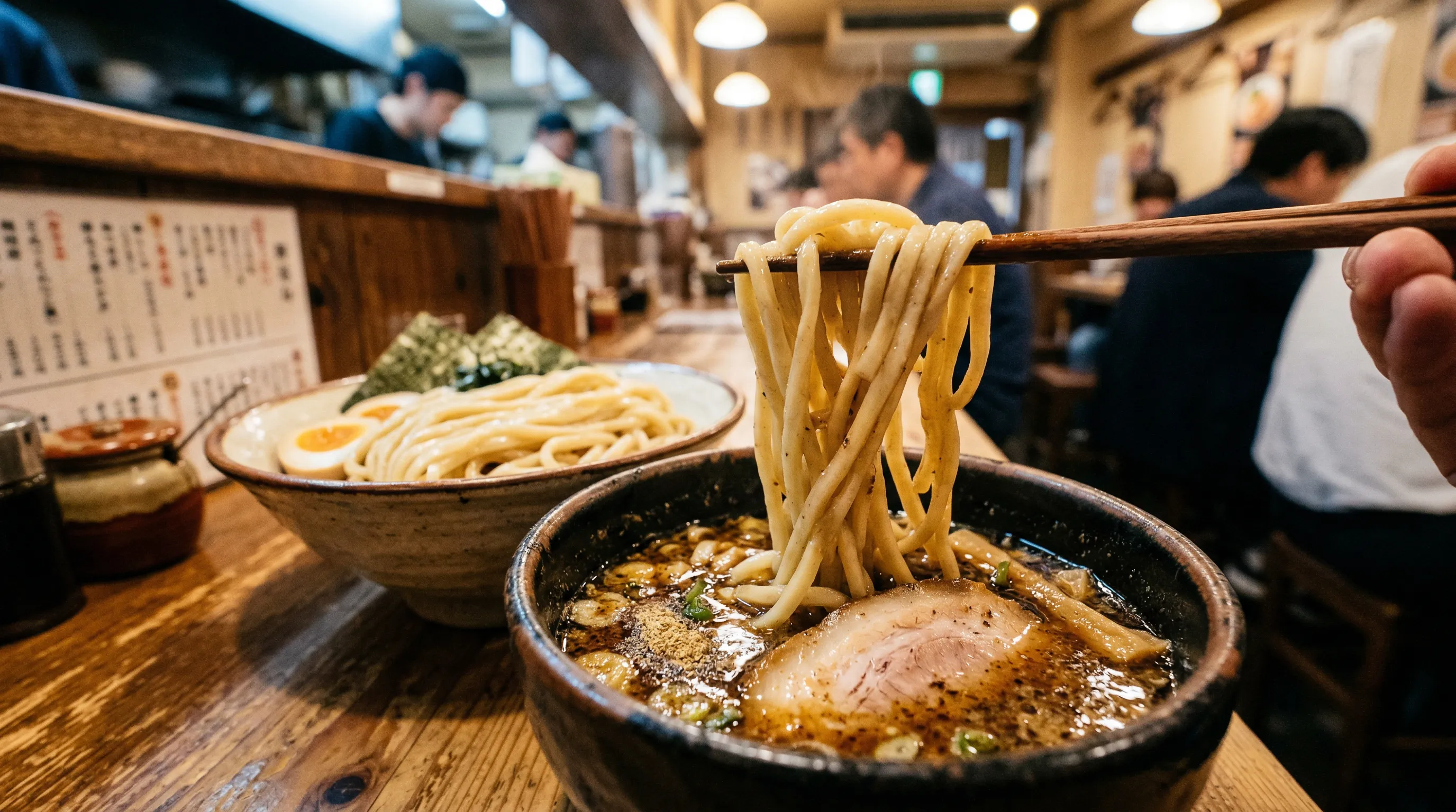 Thick tsukemen noodles being dipped into rich, concentrated tonkotsu broth