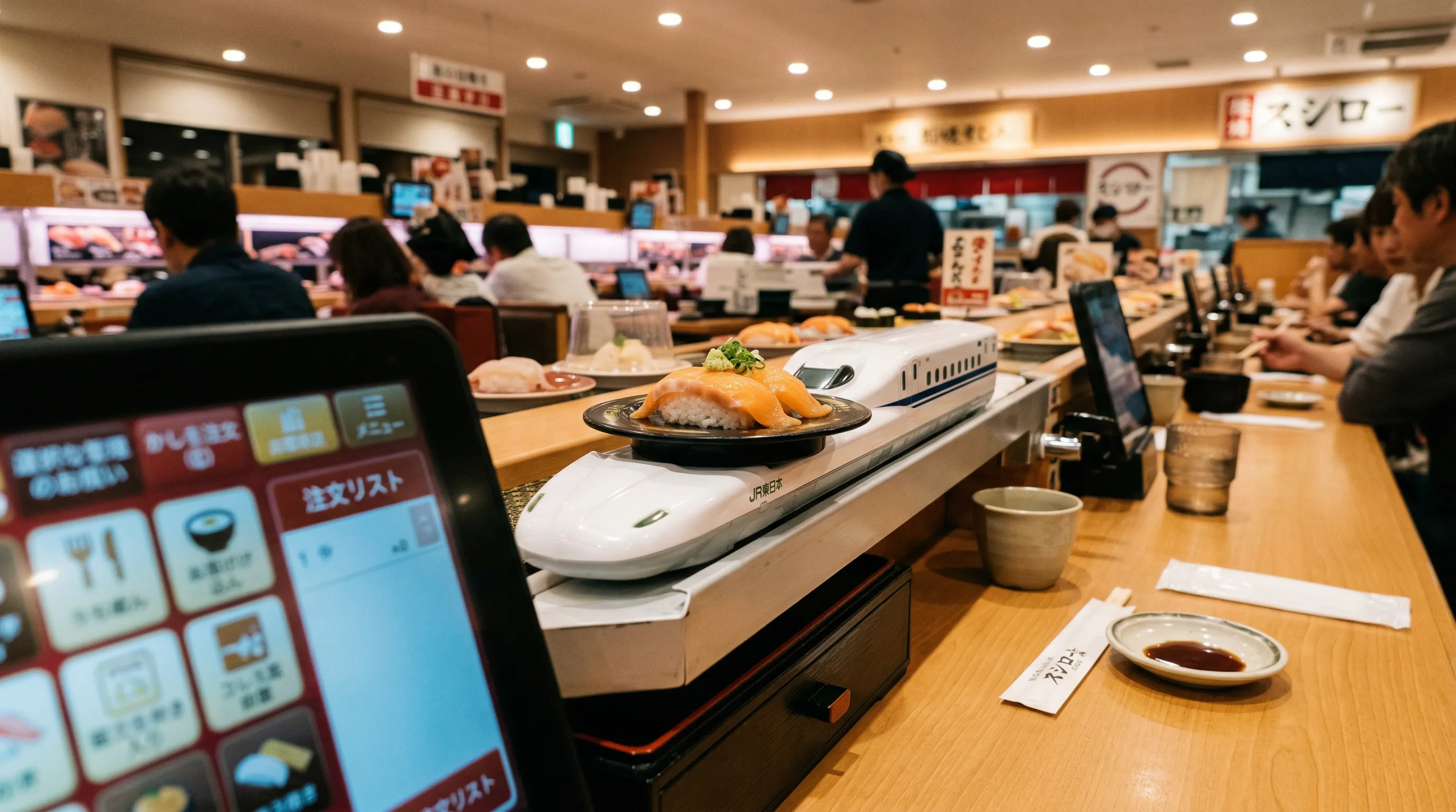 Touch-screen ordering system and bullet train plate delivery at Sushiro