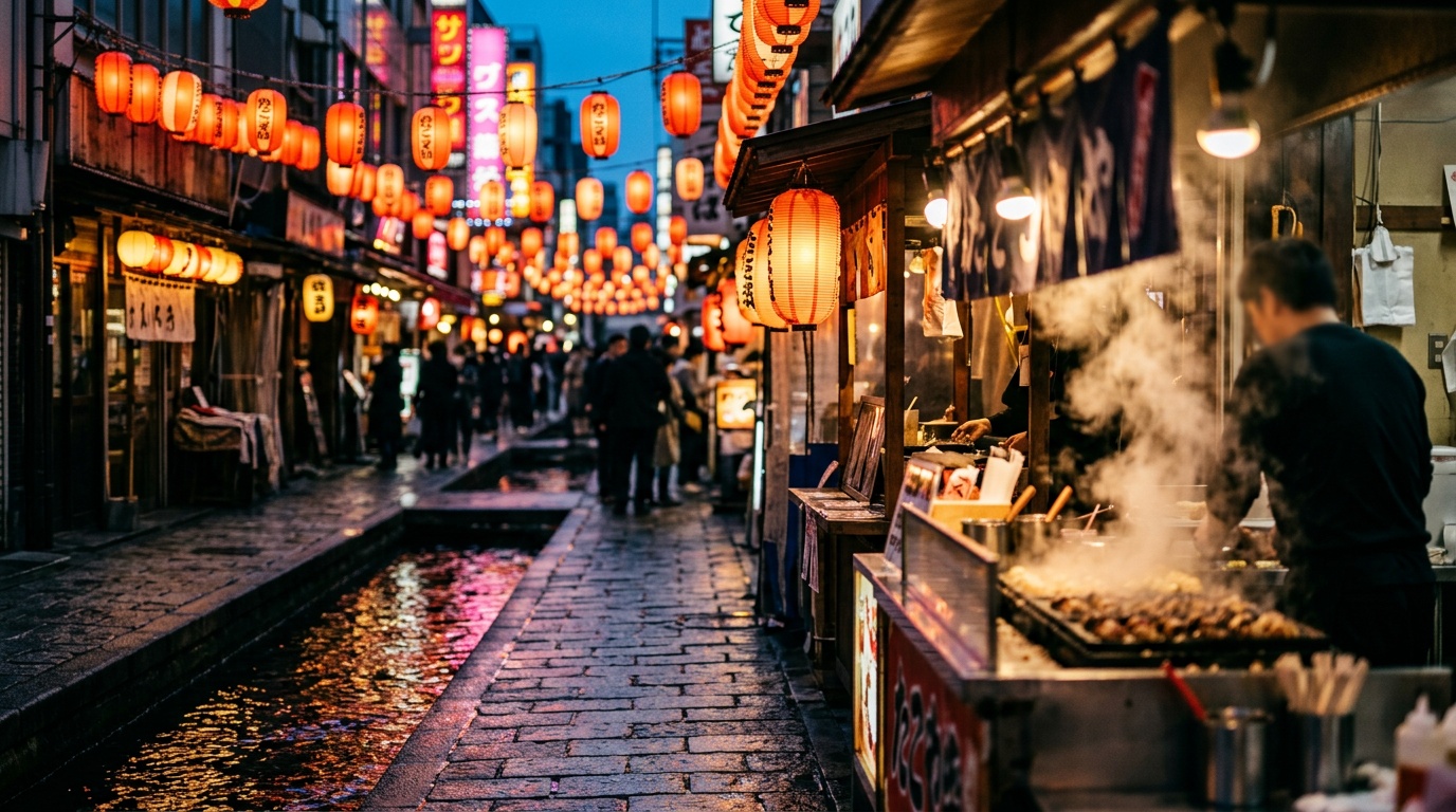Osaka food guide — Dotonbori neon, takoyaki griddle, kushikatsu skewers, Kuromon market