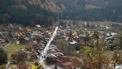 Gassho-zukuri thatched-roof farmhouses in Shirakawa-go in autumn