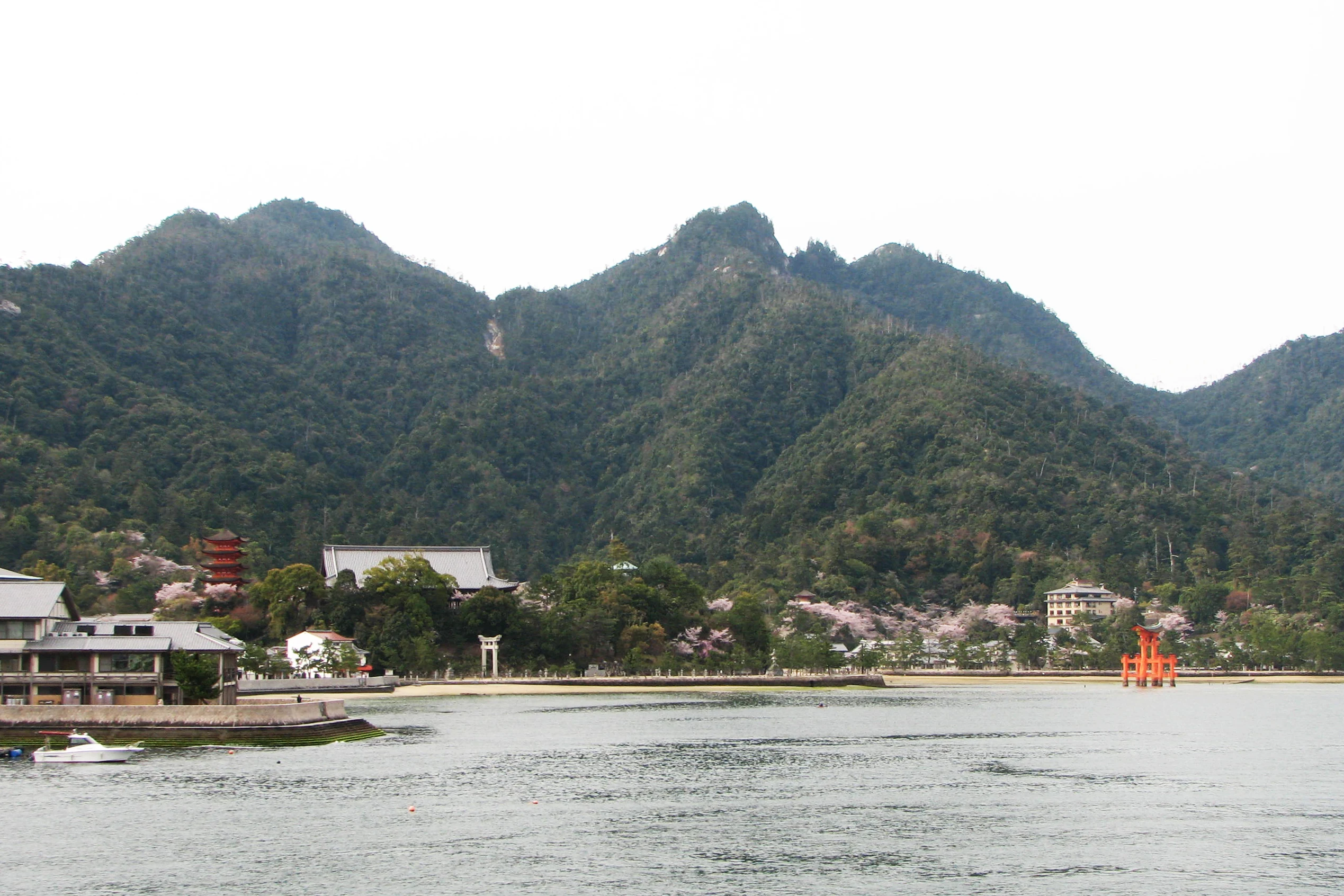 Miyajima seen from the water — the five-storey pagoda, Itsukushima Shrine and the great torii beneath the forested ridges of Mount Misen