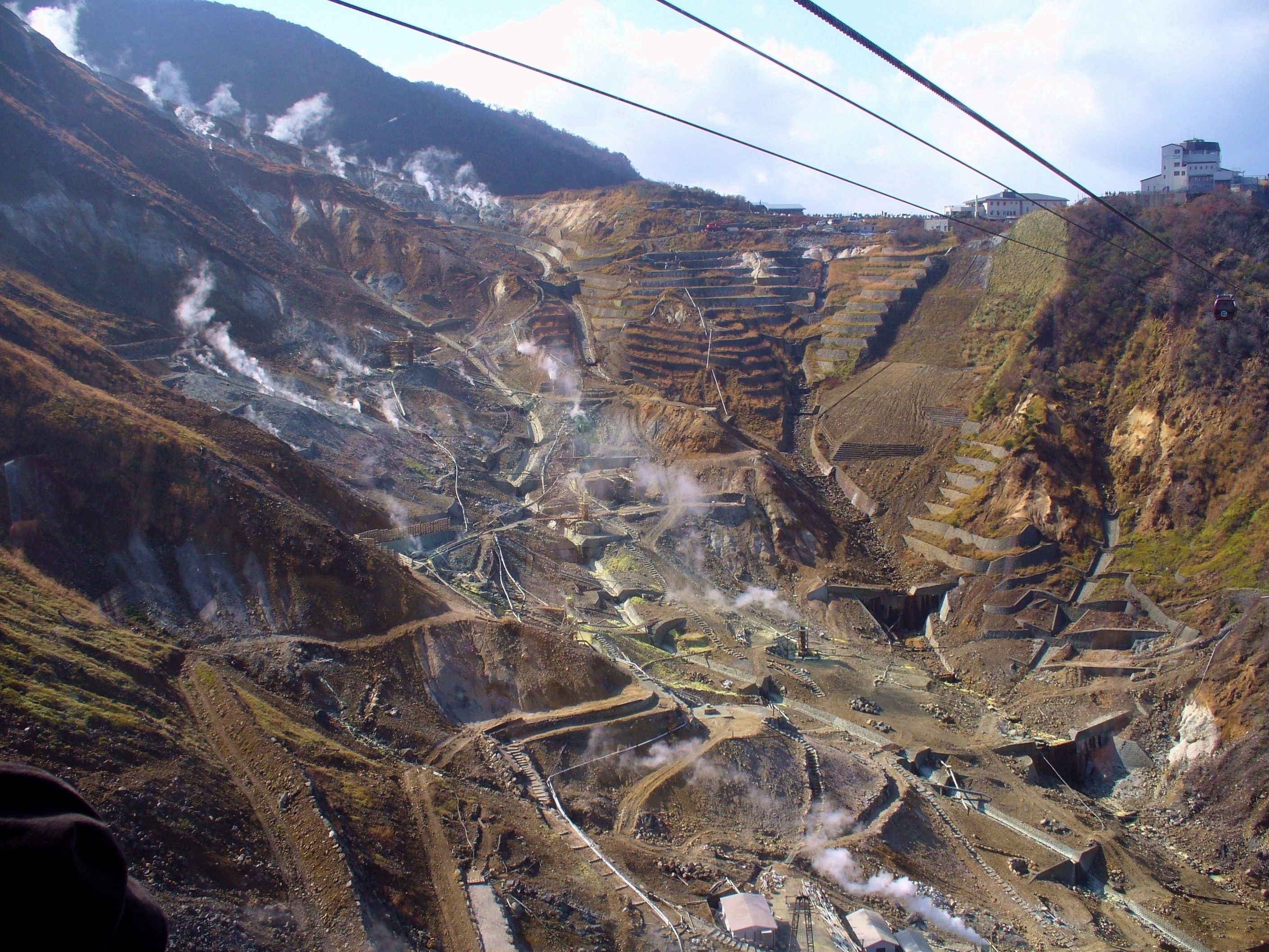 Hakone ropeway gondola above the steaming Owakudani valley with Mount Fuji in the distance