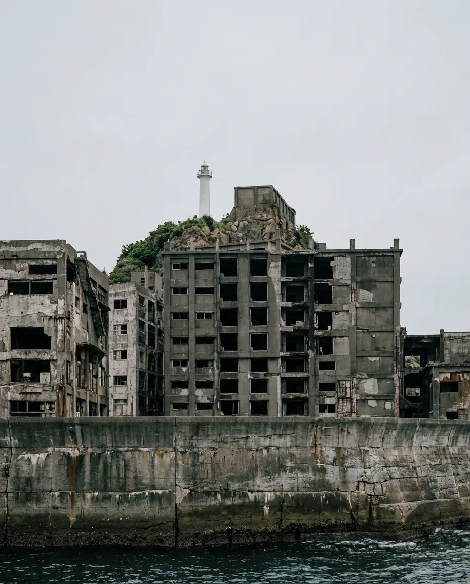 Abandoned concrete apartment towers on Gunkanjima