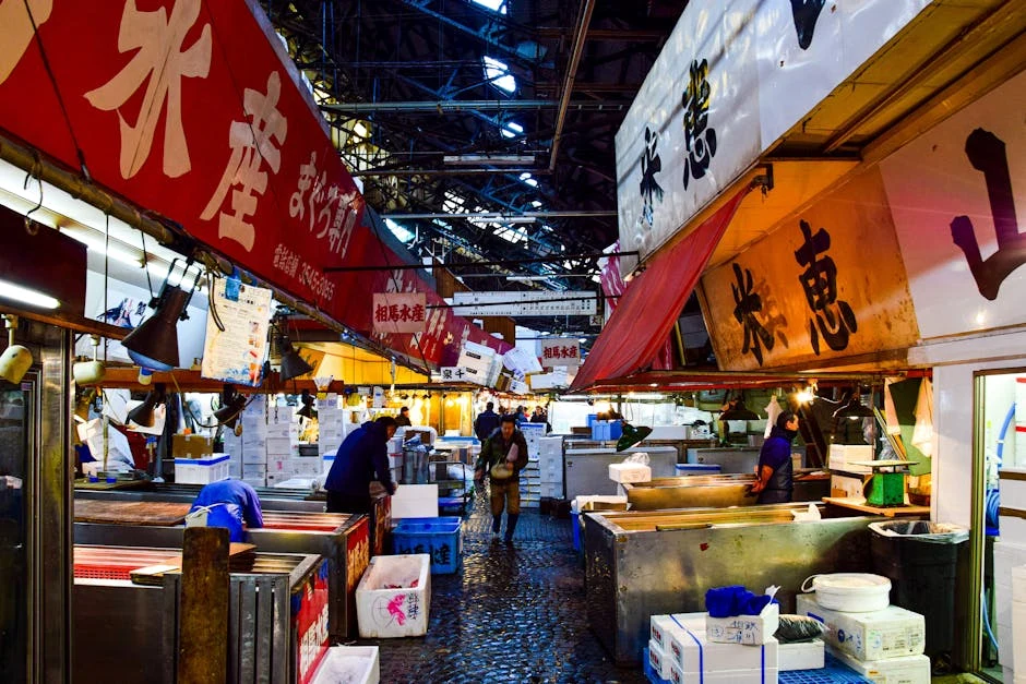 Japanese market food stalls with seafood and prepared dishes