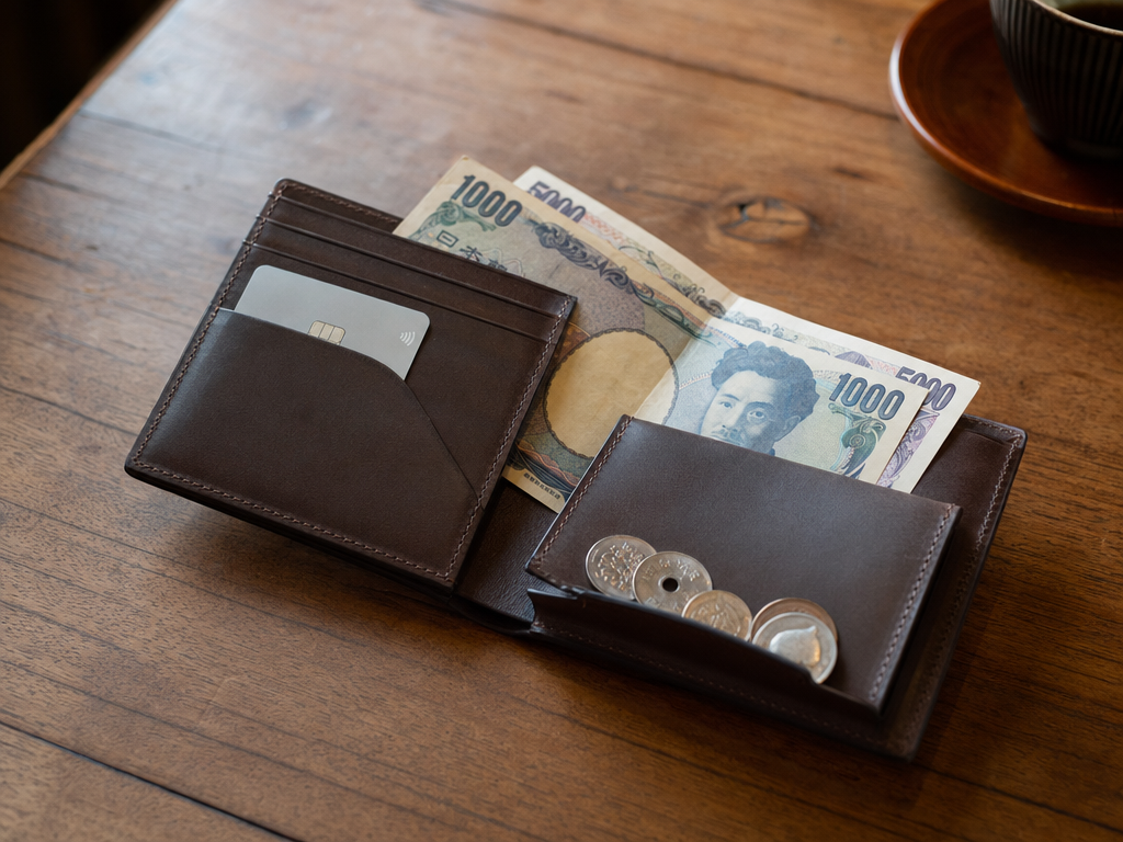 Japanese leather wallet with yen notes and contactless card