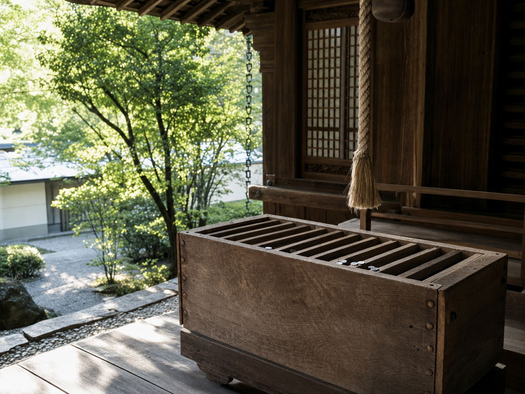 Wooden offering box at a Japanese shrine with a few coins on top
