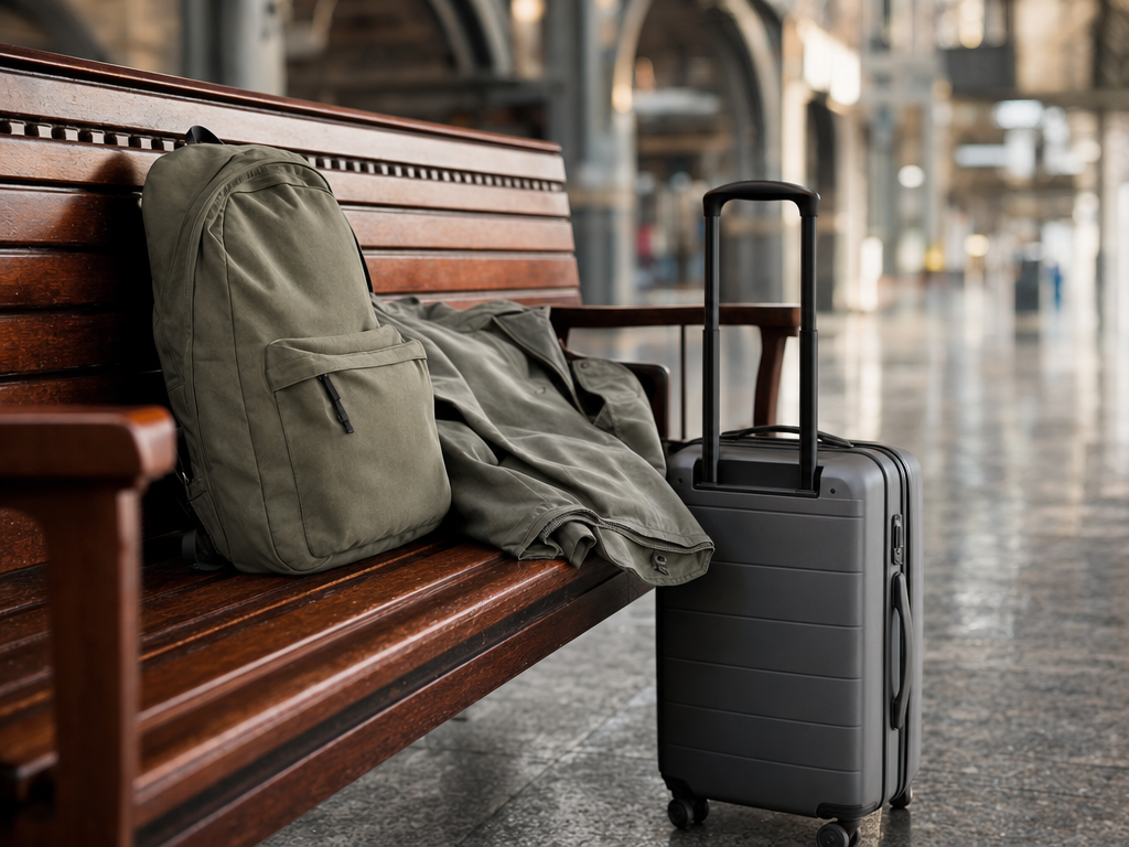 A small day backpack and folded jacket beside a closed roller suitcase on a station bench