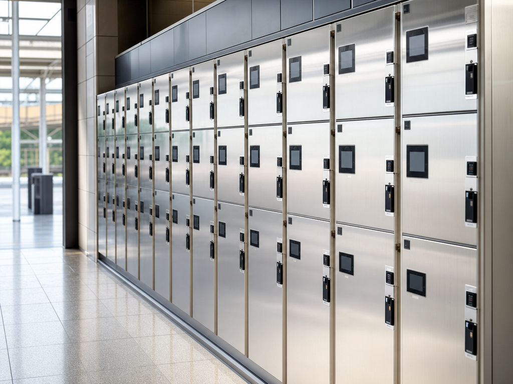 Long bank of clean modern Japanese station coin lockers in a station concourse