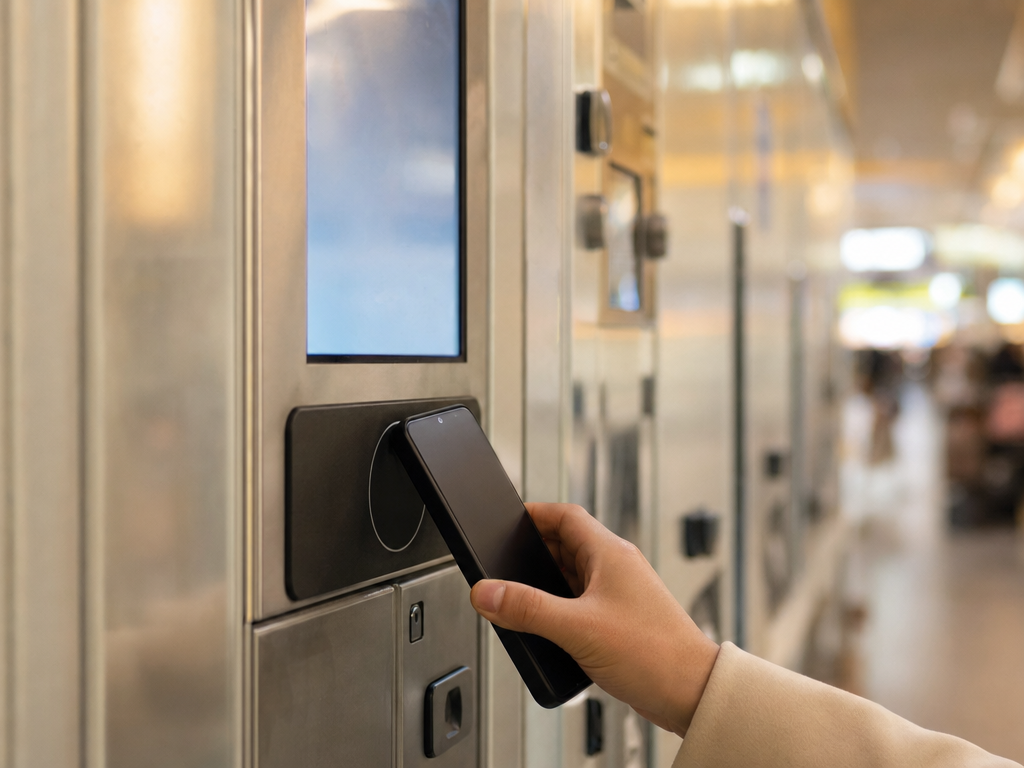 Hand tapping a smartphone on the contactless reader of a Japanese coin locker LCD panel
