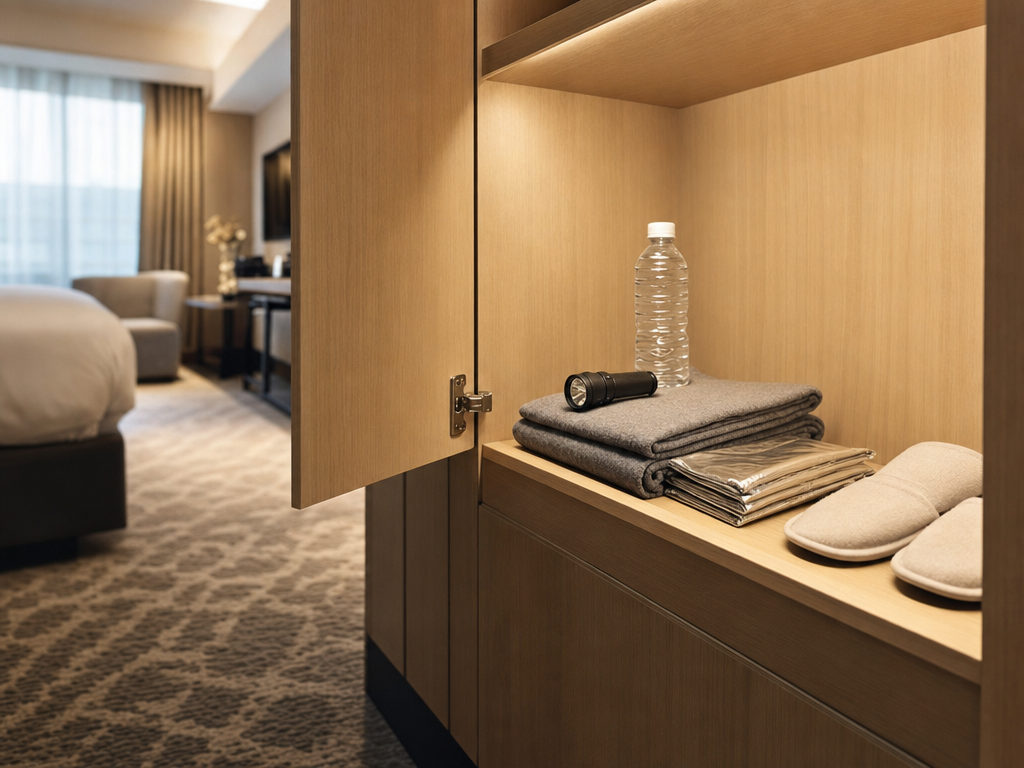 Open hotel cupboard with a small folded emergency kit — flashlight, sealed water bottle, thermal wrap, blanket