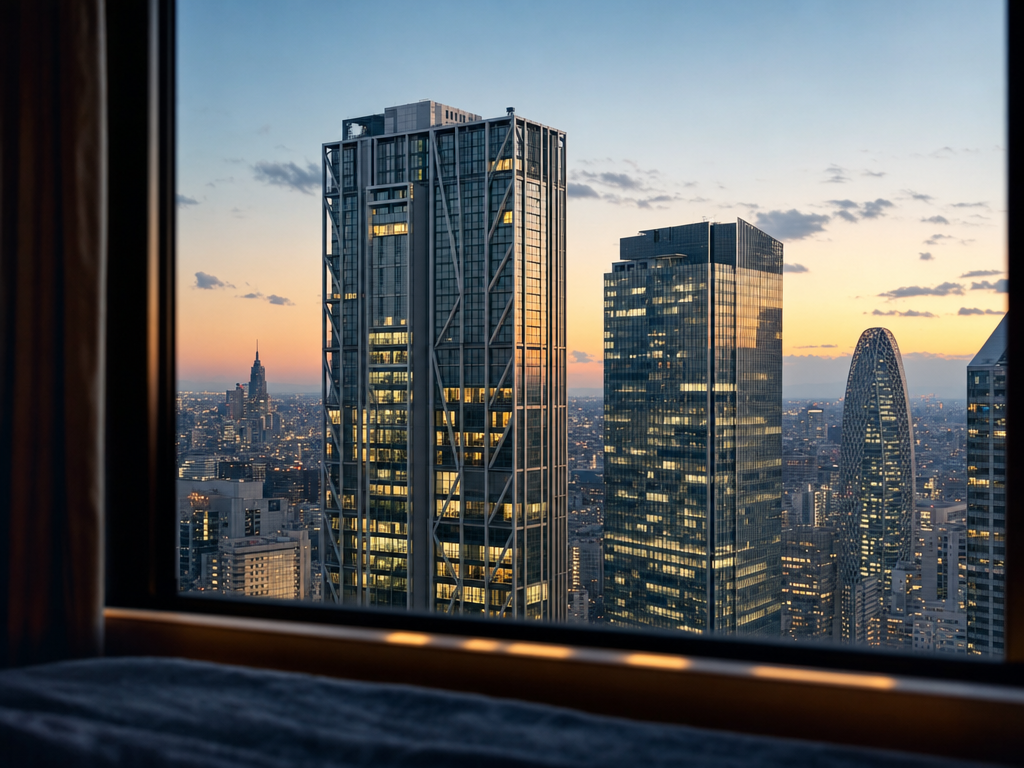 Calm Tokyo skyline at dusk with seismic-engineered office towers visible in the foreground