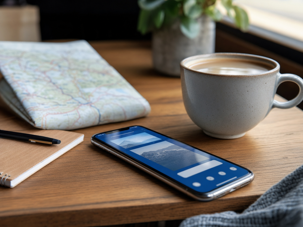 A smartphone glowing softly on a wooden cafe table — eSIM setup at home before flying
