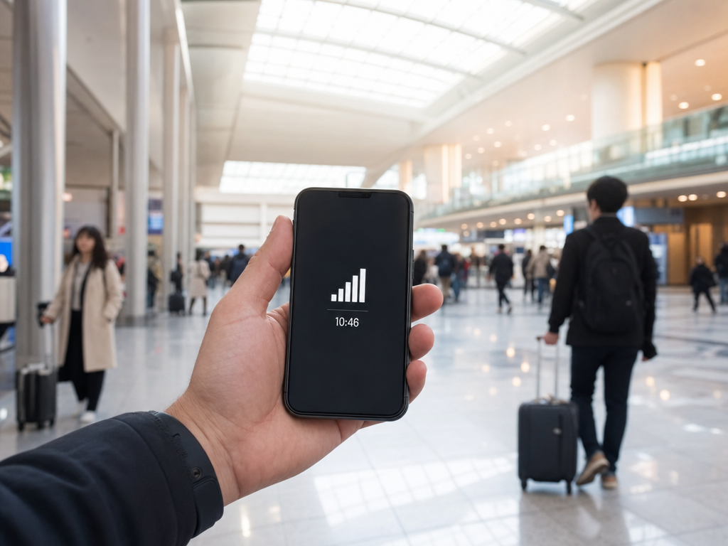 Traveller's hand holding a smartphone with bars in a Japanese airport arrival hall