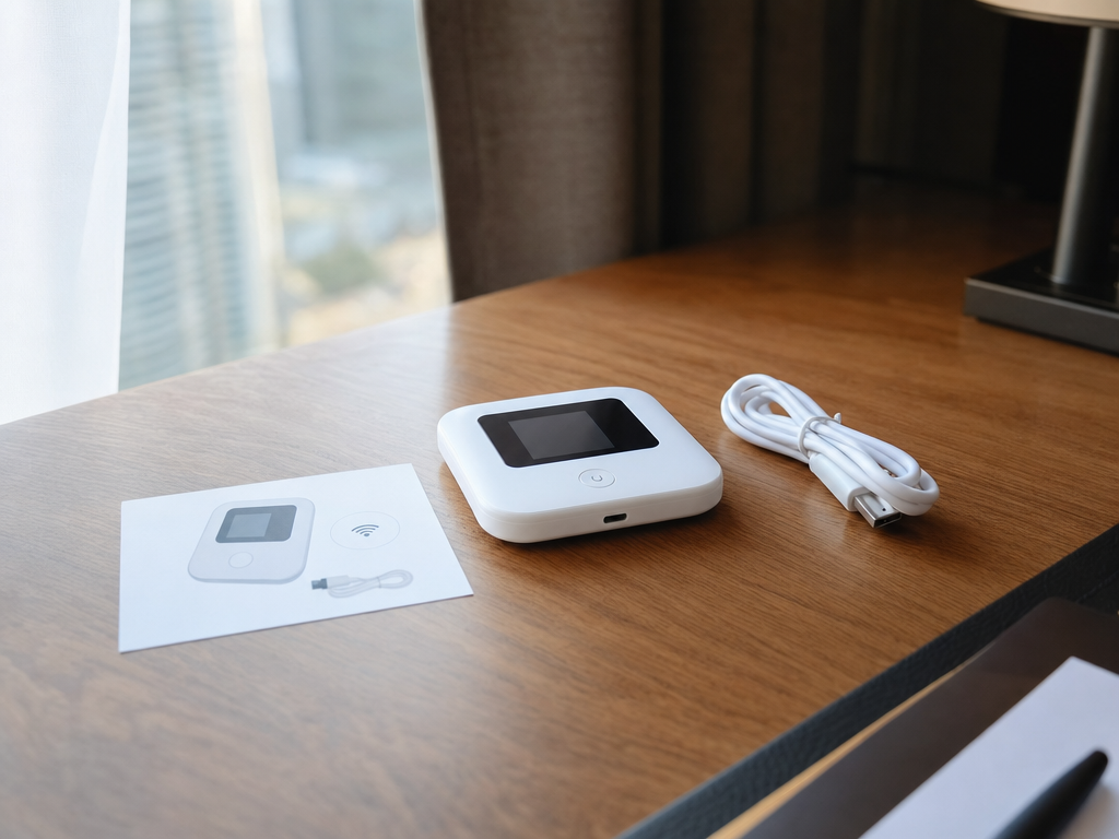 A small white pocket WiFi rental device on a wooden hotel desk