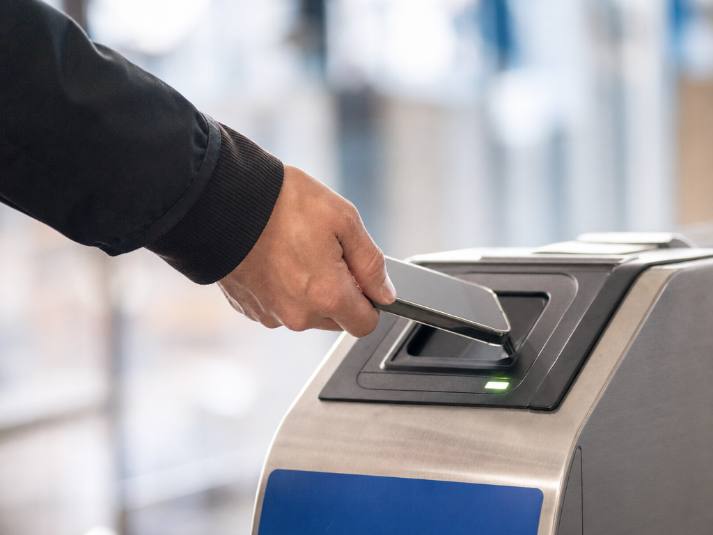 Traveller tapping IC card at train station gate