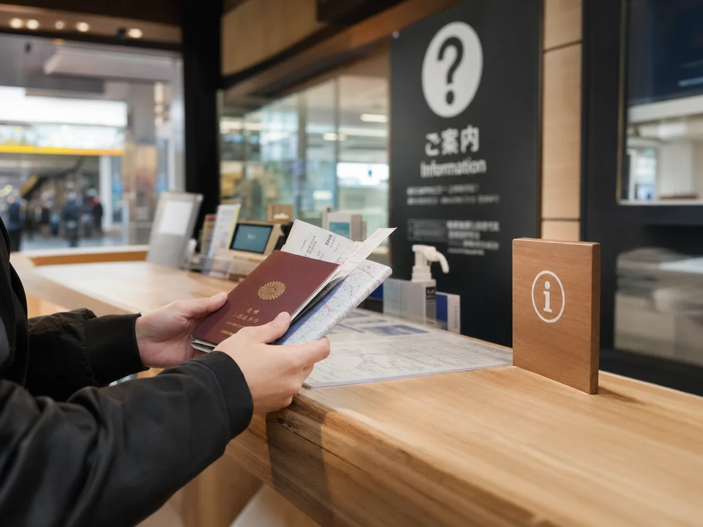 Traveler with passport at desk