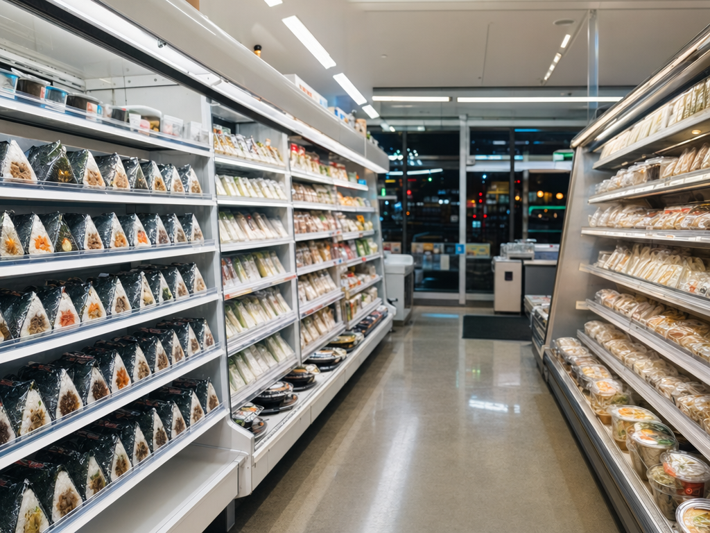 Brightly lit aisle inside a Tokyo konbini at night, with rows of fresh onigiri and sandwiches in open coolers