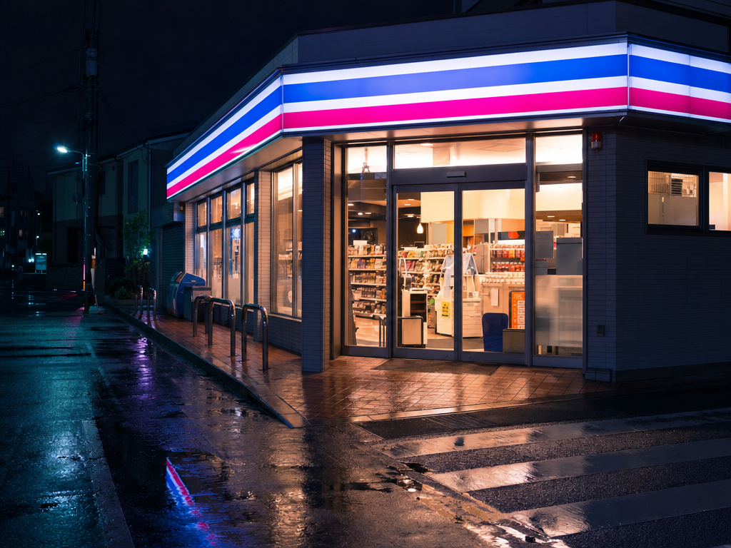 Brightly lit konbini exterior on a quiet Tokyo street at night