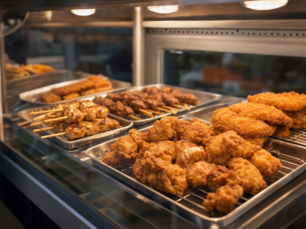 Close-up of fried Japanese food on display behind glass