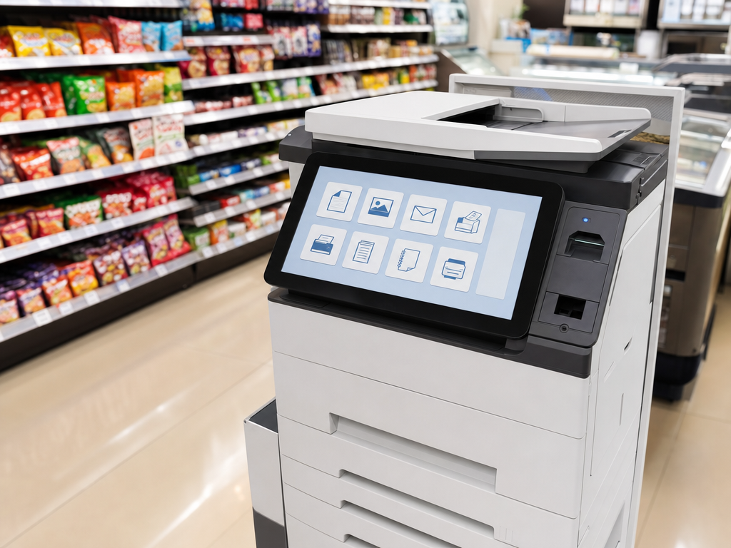 Multifunction printer kiosk inside a Japanese convenience store