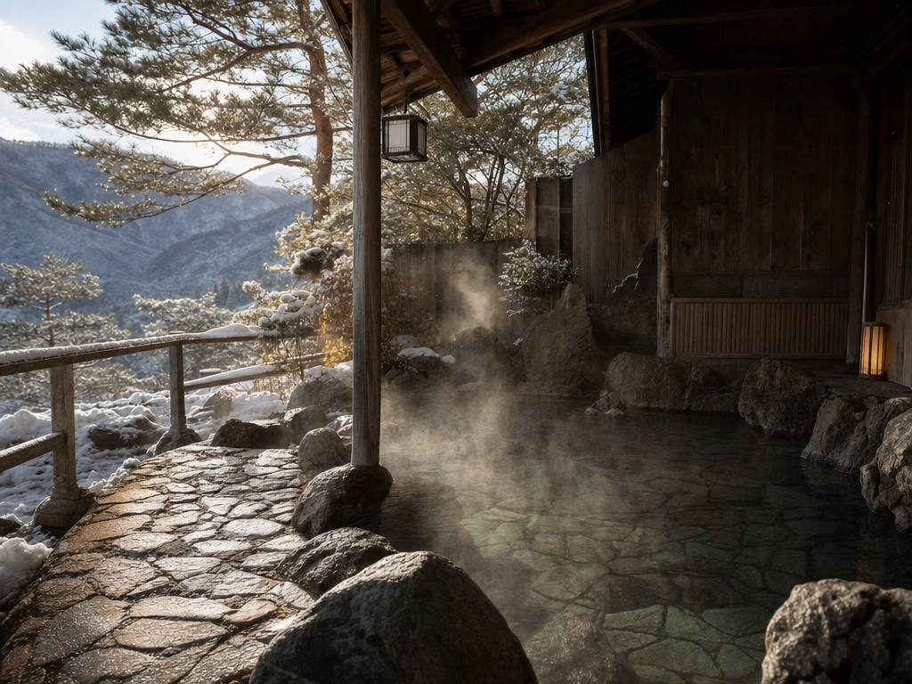 Steam rising from a stone-lined open-air rotenburo at a Japanese mountain ryokan