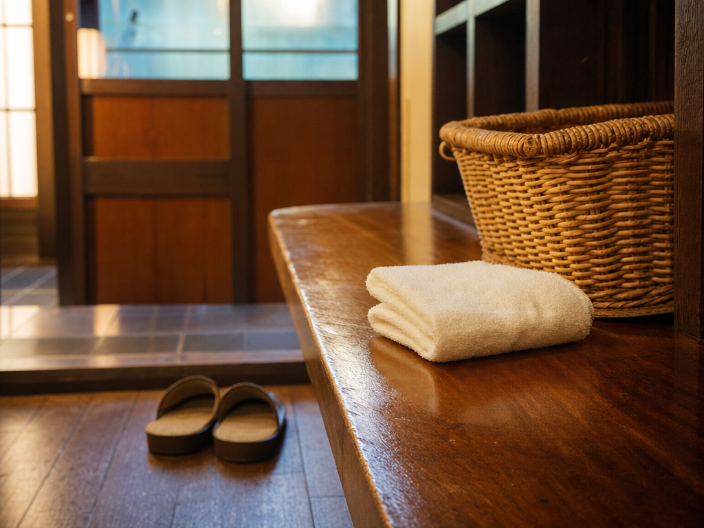 Folded white modesty towel on a polished wooden bench inside an onsen changing room