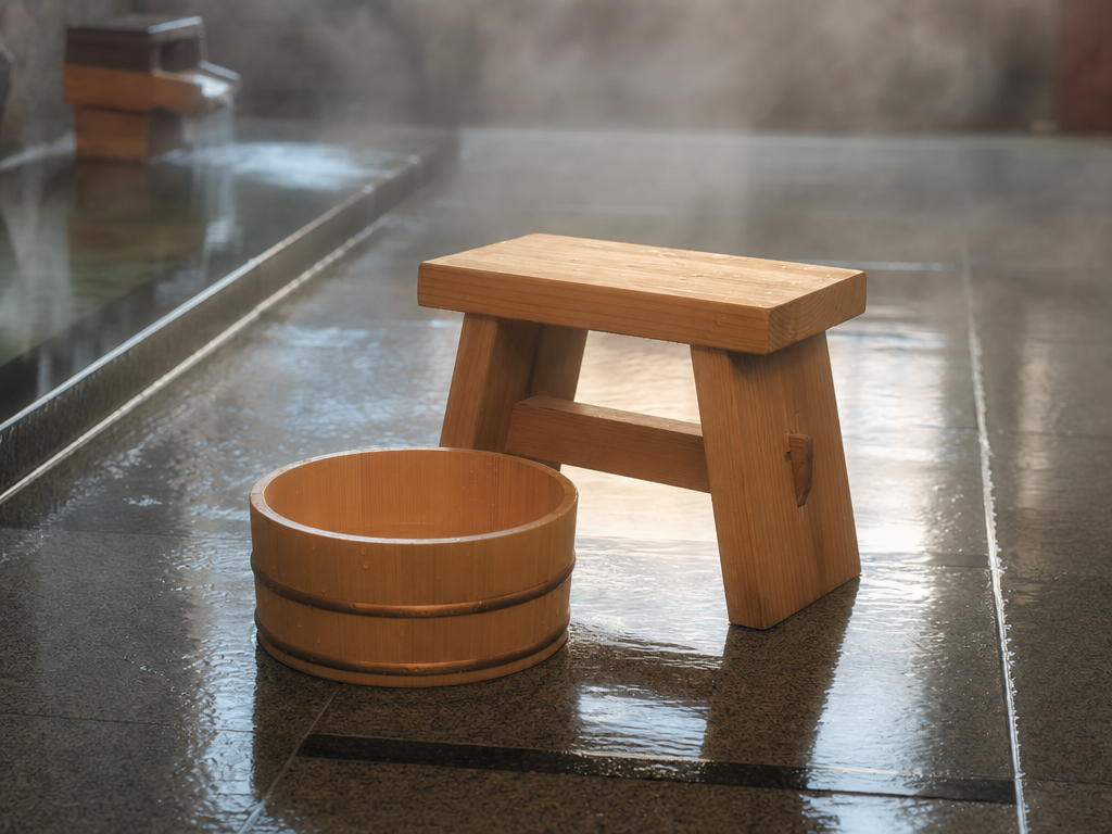 Wooden hinoki washing stool and bowl on the tiled floor of a Japanese onsen
