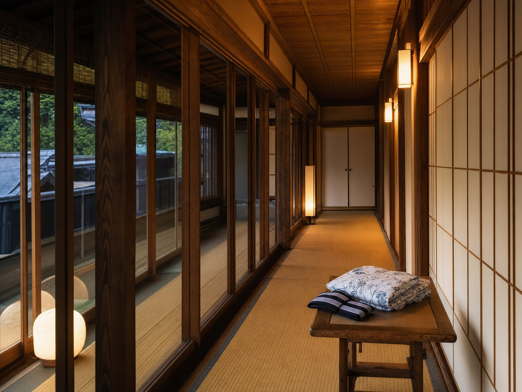 A folded yukata robe on a wooden bench in a quiet ryokan corridor with paper shoji screens