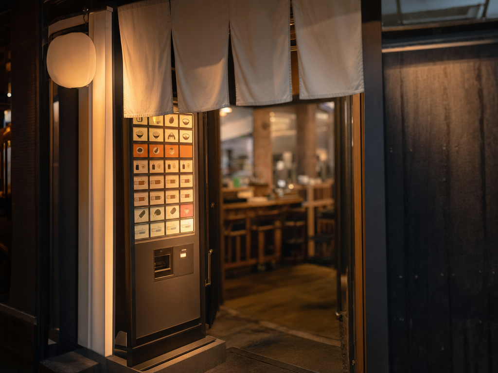 Entrance of a small Japanese ramen shop at night, ticket-vending machine glowing softly inside the noren curtain