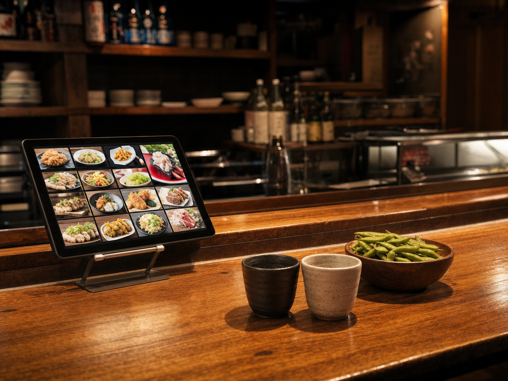 Wooden izakaya counter with a small tablet on a metal stand showing colourful menu thumbnails, two ceramic cups beside it