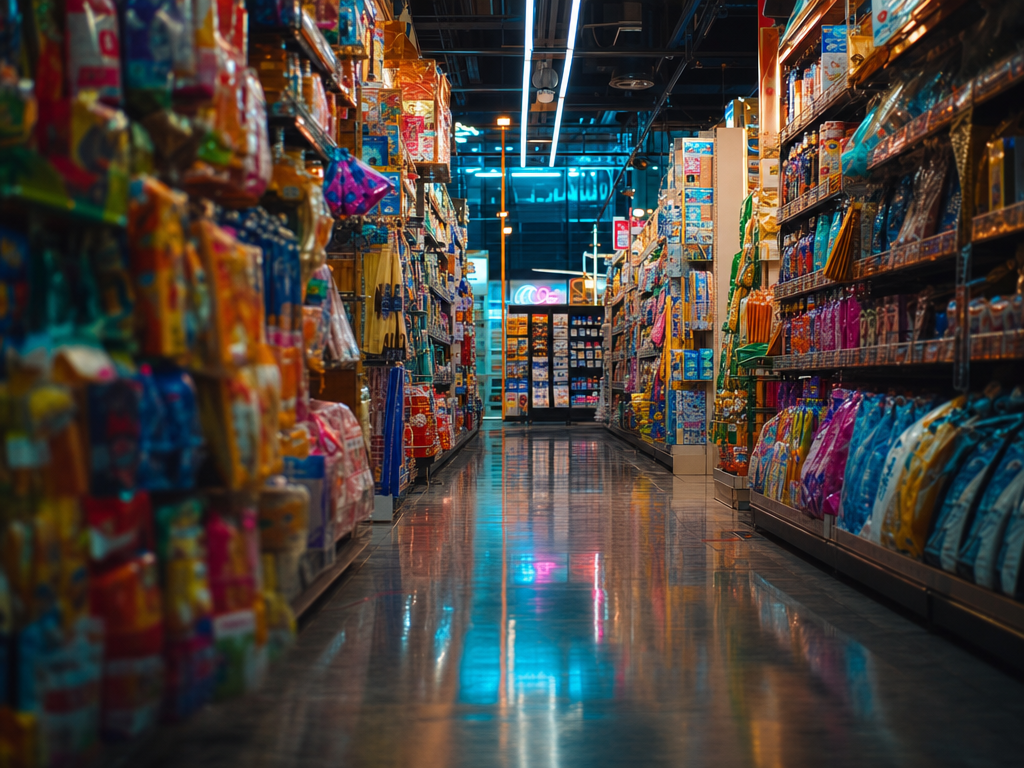 Vivid neon-lit aisle inside a Japanese discount store at night with densely stacked shelves
