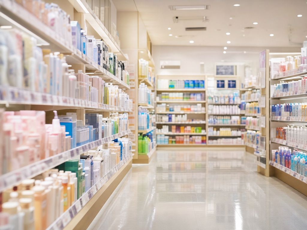 Clean modern Japanese drugstore aisle with shelves of toiletries in pastel packaging