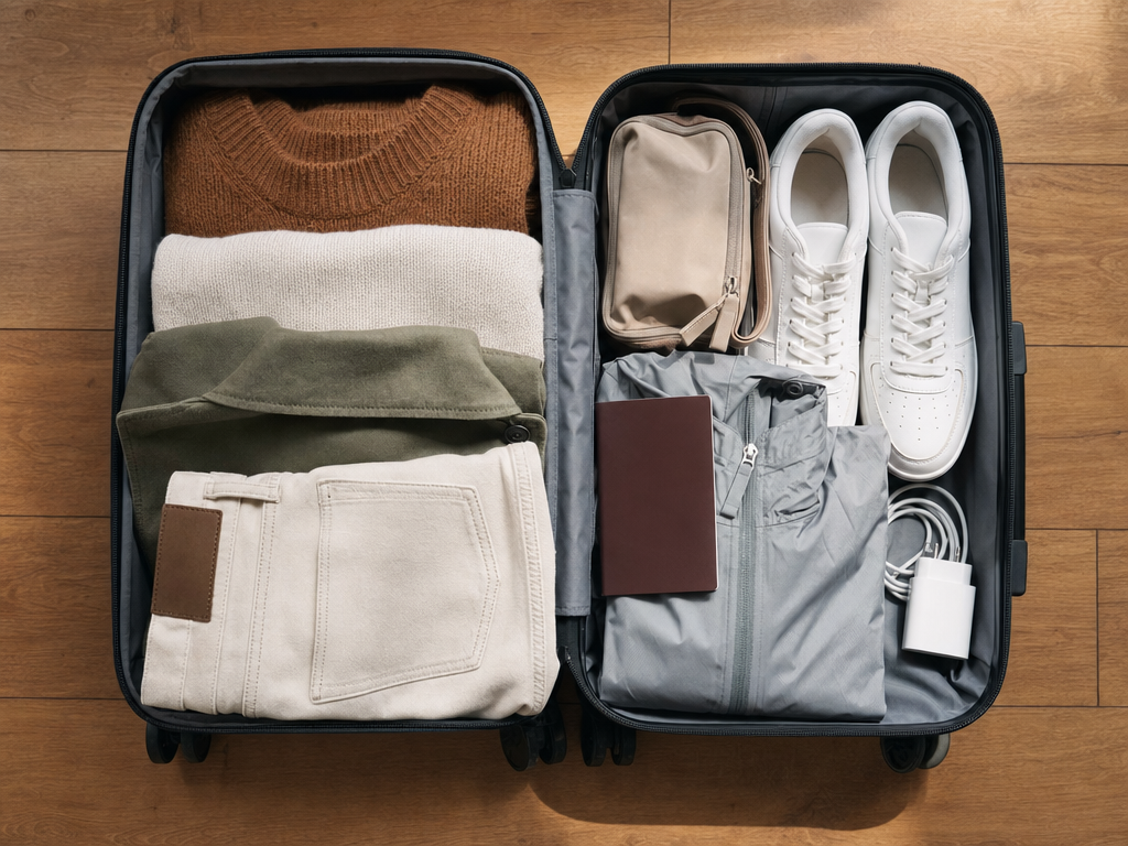 Open carry-on suitcase with neatly folded clothes, passport, sneakers, toiletry pouch and charger