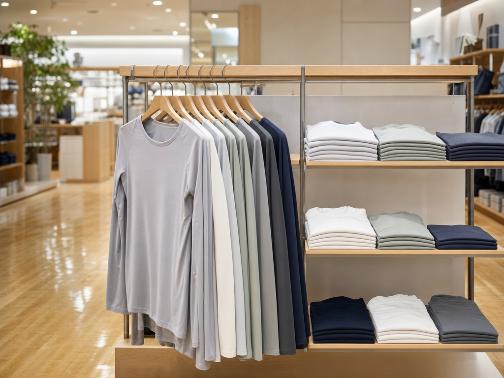 Clean retail rack of thin technical undershirts in soft neutral colours inside a Japanese department store