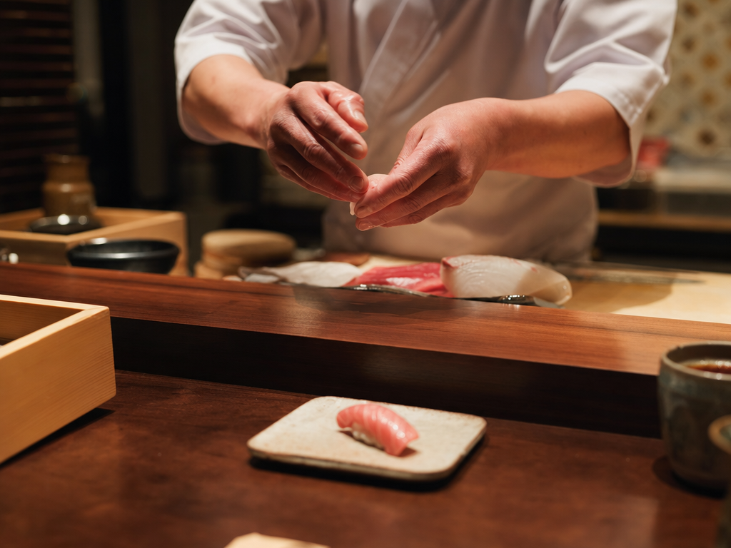 Customer's view of a polished sushi counter with a chef preparing nigiri