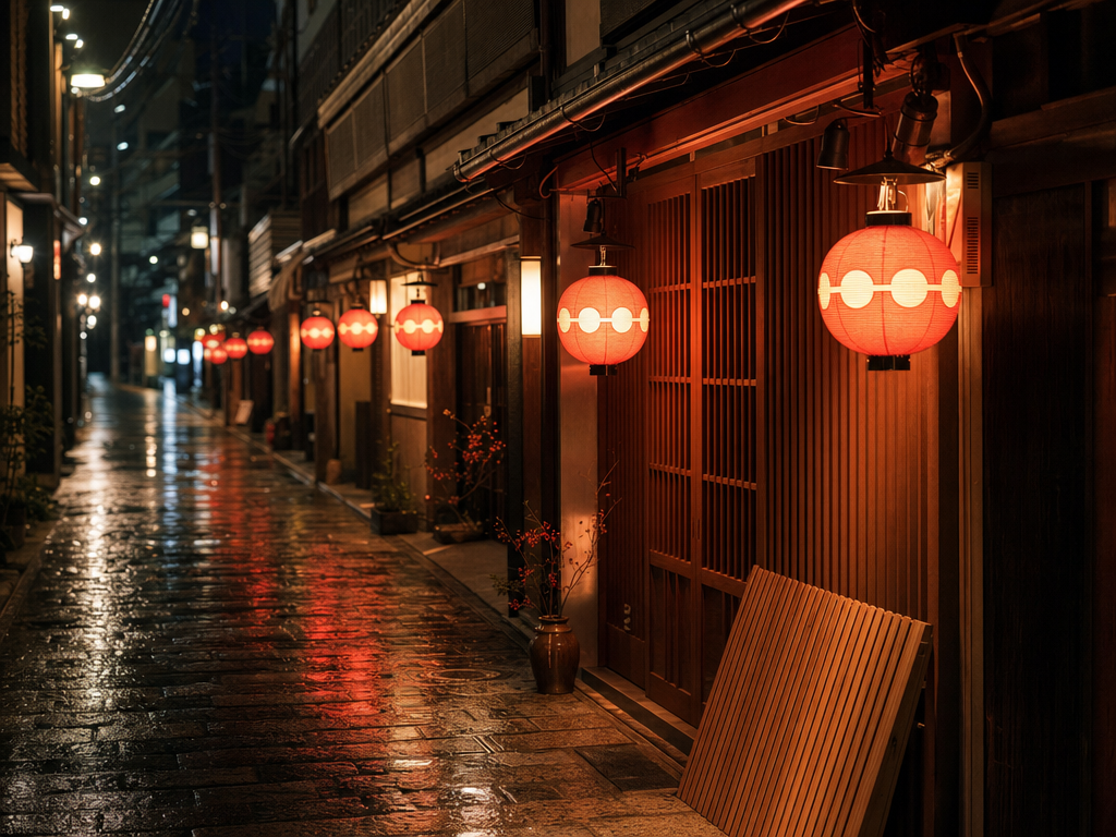 Quiet Tokyo backstreet at night with red paper lanterns above wooden restaurant fronts