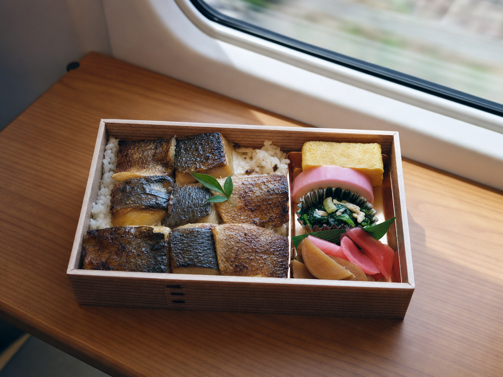 Open ekiben bento box on a Shinkansen tray table