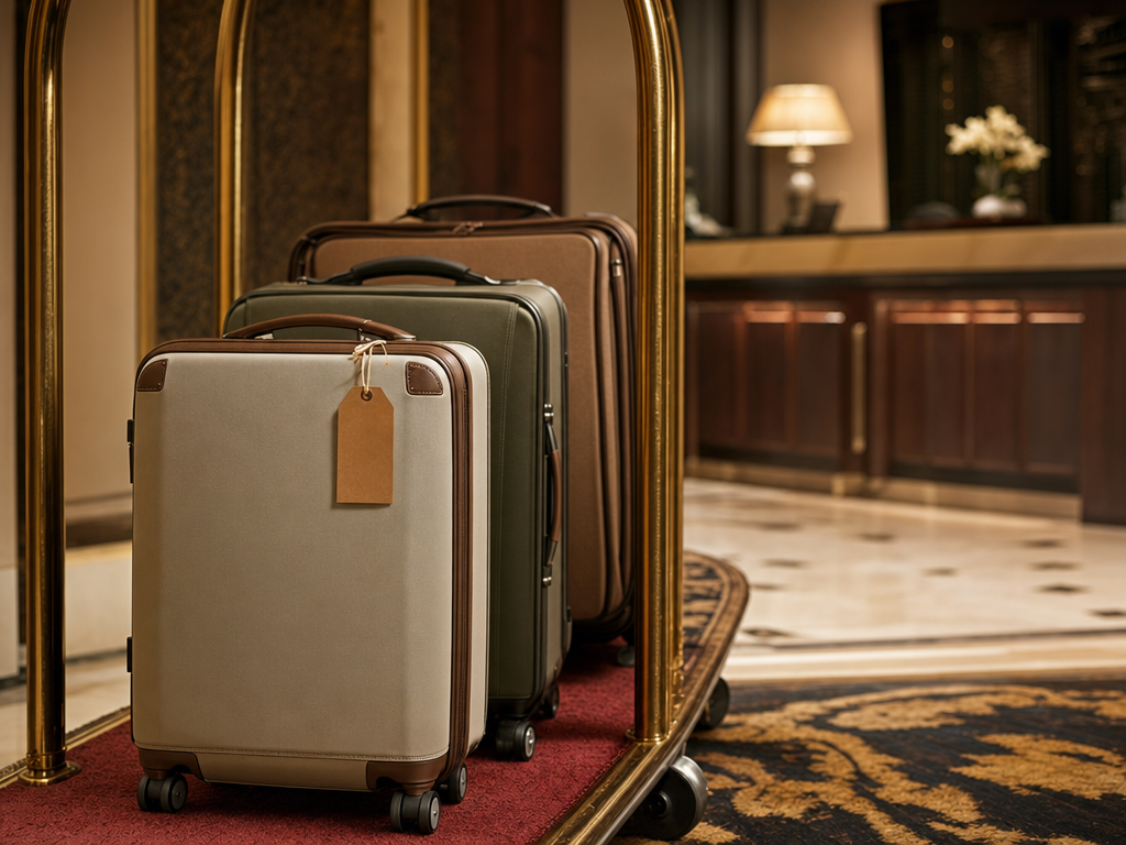 Three travel suitcases neatly lined up on a Japanese hotel bell-stand carpet