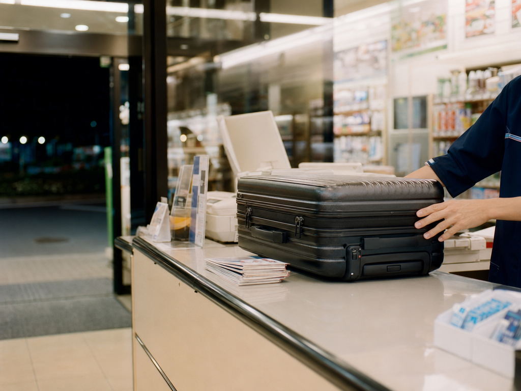 Single suitcase on a clean Japanese convenience-store counter at night, clerk's hand reaching for the case