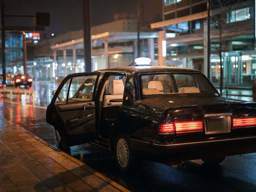 Classic black Tokyo taxi at the kerbside at night, rear door swung open onto wet pavement