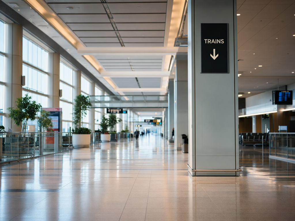 English-language directional sign inside a Japanese airport pointing to the train platforms