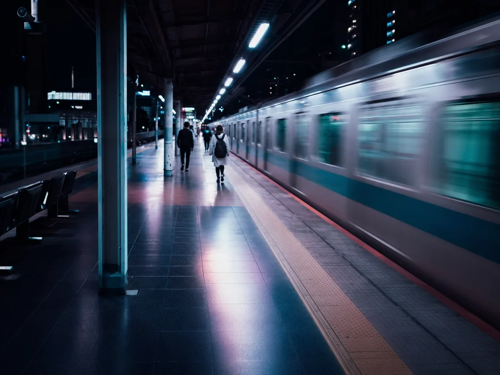 Tokyo subway platform at night